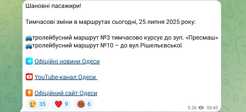 Повідомлення з офіційного каналу мерії. Фото: Скріншот